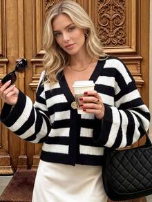 Nicenter Women's Winter V-Neck Black & White Striped Button-Front Knit Cardigan Sweater, Long Sleeve Top Jacket, Casual Daily Christmas Thanksgiving - Black and White - View 1