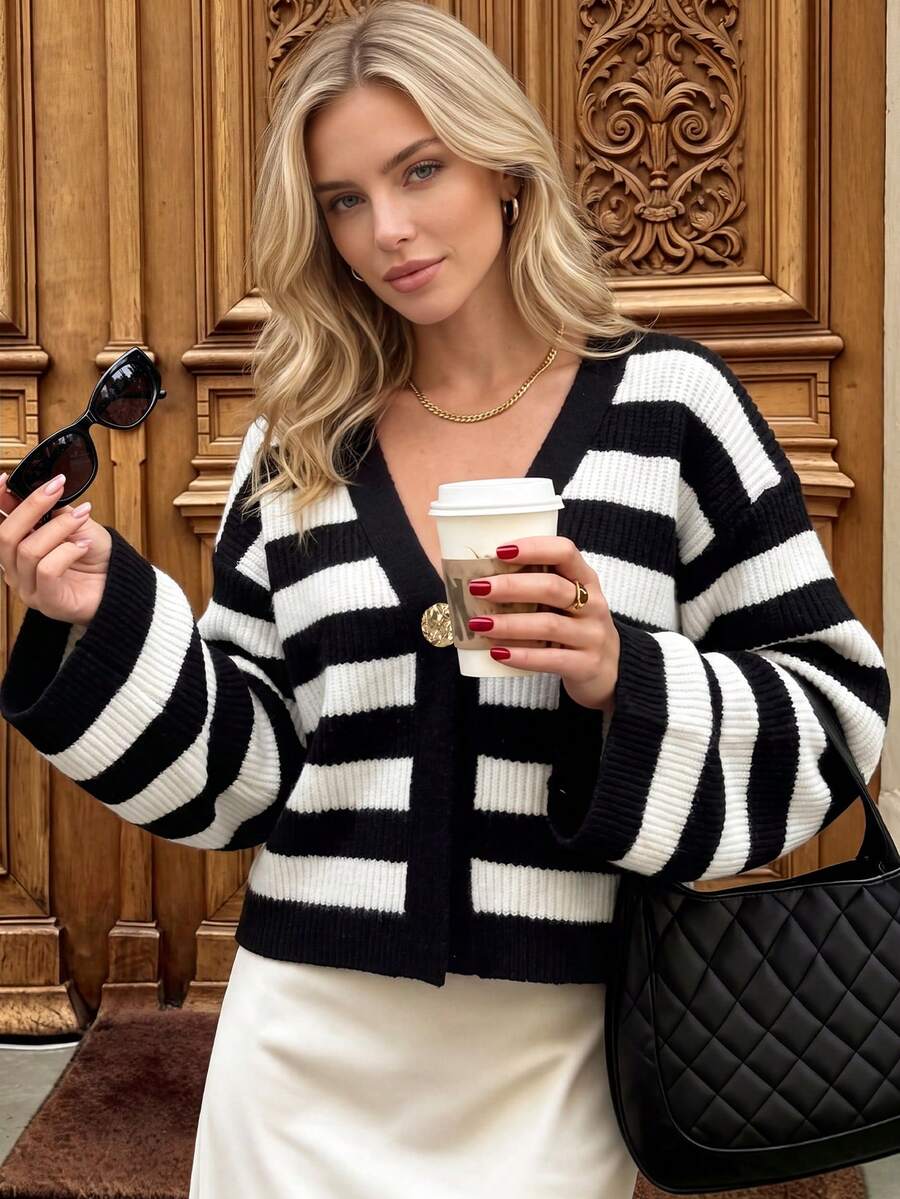 Nicenter Women's Winter V-Neck Black & White Striped Button-Front Knit Cardigan Sweater, Long Sleeve Top Jacket, Casual Daily Christmas Thanksgiving - Black and White - View 1