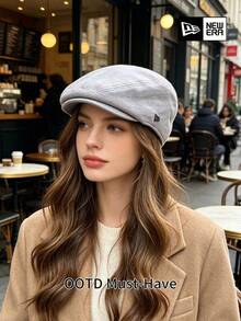 New Era Light Gray Newsboy Cap Unisex, Vintage Flat Cap With Small Logo, Casual Retro Gatsby Hat - New Era Grey Flat Cap - View 2