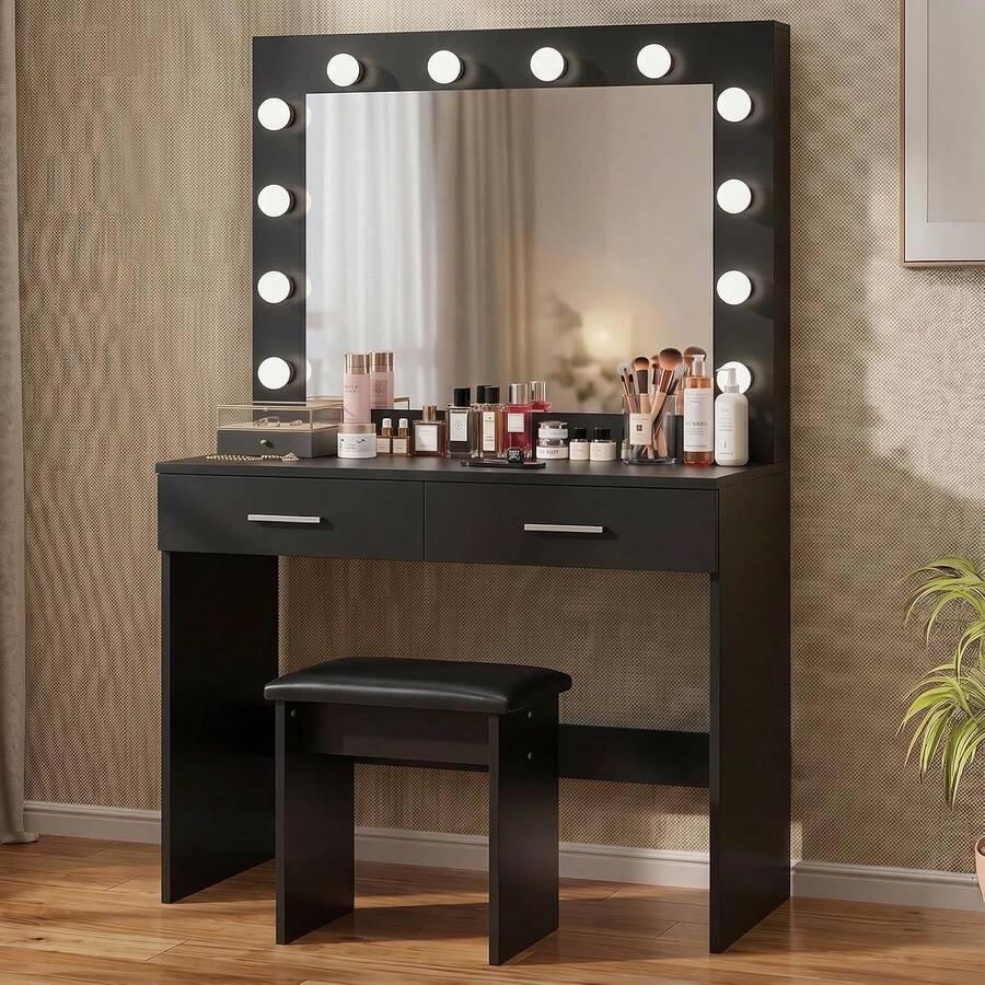 White Dressing Table Set With LED Lights Mirror, Vanity Makeup Table 2 Large Drawers And Stool - Negro - Ver 1