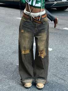 Women's Vintage Distressed Loose Straight Leg Jeans - Navy Blue - View 1