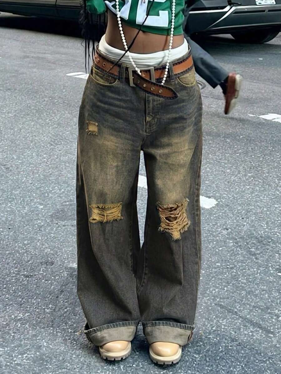 Women's Vintage Distressed Loose Straight Leg Jeans - Navy Blue - View 1