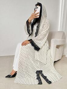 Women's Contrast Lace Polka Dot Print Hooded Abaya Vacation, Dubai Style Fall - Milky White - View 1