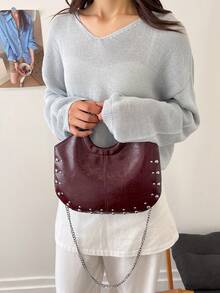Solid Color Rivet Decoration Handbag, Minimalist And Fashionable Versatile Shoulder Crossbody Retro Armpit Bag, For Daily Commuting Use - Burgundy - View 3