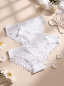 3pcs White Lace Patchwork Bow Ribbed Cotton Women's Triangle Panties - White - View 1