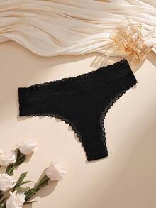 5pcs Random Color Lace Patchwork Low Waist Ribbed Cotton Women's Thongs - Multicolor - View 4