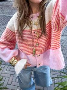 Just Masa Women's Fall Winter Casual Y2K Contrast Stripe Sweater,Ruffle Balloon Sleeve Button Up Sweater Cardigan,For Daily Wear,Going Out,Christmas - Pink - View 8