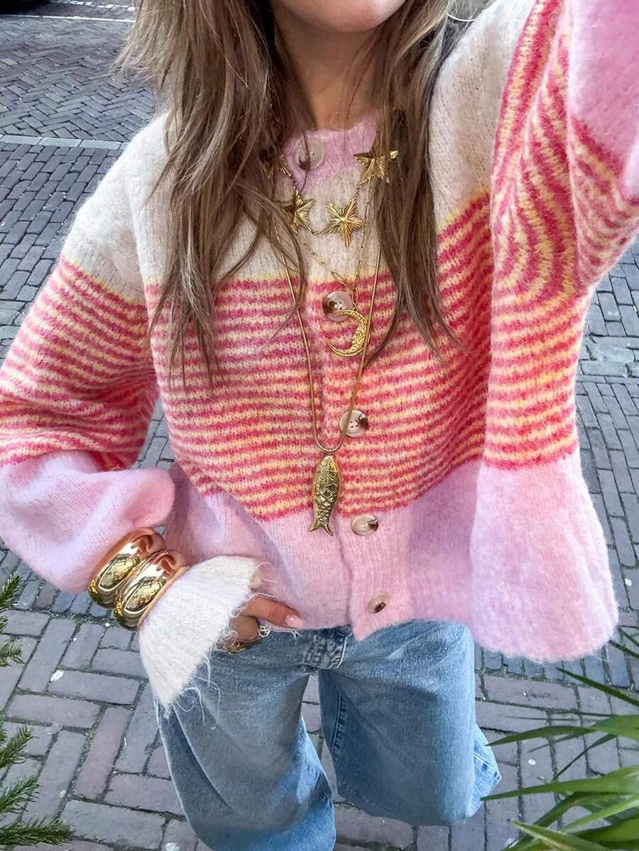 Just Masa Women's Fall Winter Casual Y2K Contrast Stripe Sweater,Ruffle Balloon Sleeve Button Up Sweater Cardigan,For Daily Wear,Going Out,Christmas - Pink - View 1