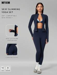 MFVIM Women's Seamless Triangle Cup Wireless Bra + Leggings + Jacket 3-Piece Fitness Set - dark blue - View 2