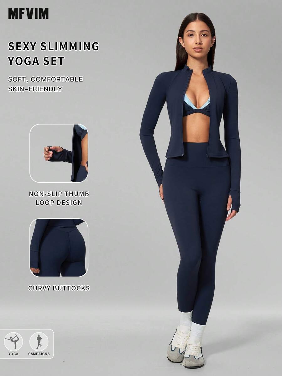 MFVIM Women's Seamless Triangle Cup Wireless Bra + Leggings + Jacket 3-Piece Fitness Set
