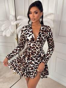 Fashion Women's Deep V-Neck Printed Dress, Long Sleeve Ruffle Hem, Medium Stretch Knit Fabric, Elegant Autumn Style - Leopard Brown - View 7