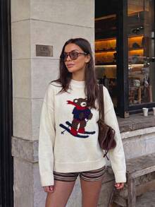 Joy Knit 女款秋冬針織毛衣 時尚新款 基礎上衣 極簡休閒百搭 墨西哥可愛龍蝦圖案提花圓領套頭毛衣 寬鬆針織上衣 適合辦公室穿搭 外出上衣 節慶 派對 海灘 生日 - 杏色 - 查看 2