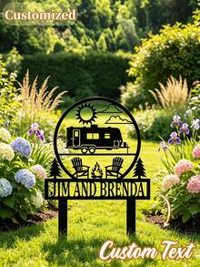 Customizable Family Name RV Camping Metal Yard Sign, Outdoor Camping Theme Garden Lawn Decor, Weather-Resistant Metal Silhouette Art, Suitable For Backyard Campsite Farmhouse Patio, Personalized Text Camper Decor Gift - Multicolor - View 1