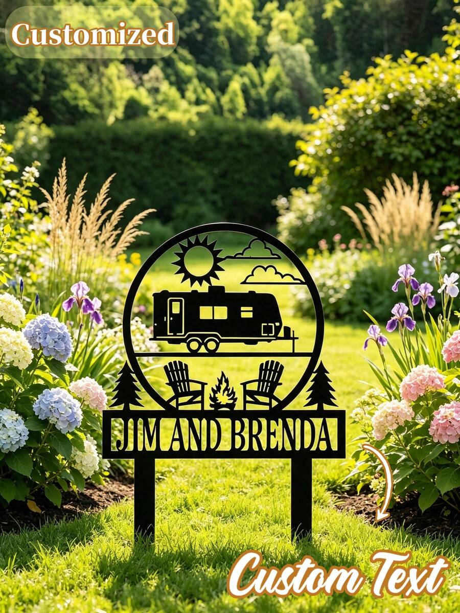 Customizable Family Name RV Camping Metal Yard Sign, Outdoor Camping Theme Garden Lawn Decor, Weather-Resistant Metal Silhouette Art, Suitable For Backyard Campsite Farmhouse Patio, Personalized Text Camper Decor Gift - Multicolor - View 1