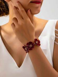 1pc Burgundy Vintage Luxury Bracelet Ancola Red 3D Double Layer Flower Bead Bracelet For Women Daily Wear - Burgundy - View 3
