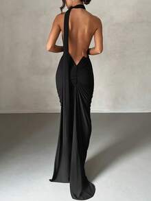 Vestido negro elegante de verano con espalda descubierta y drapeado - Negro - Ver 3