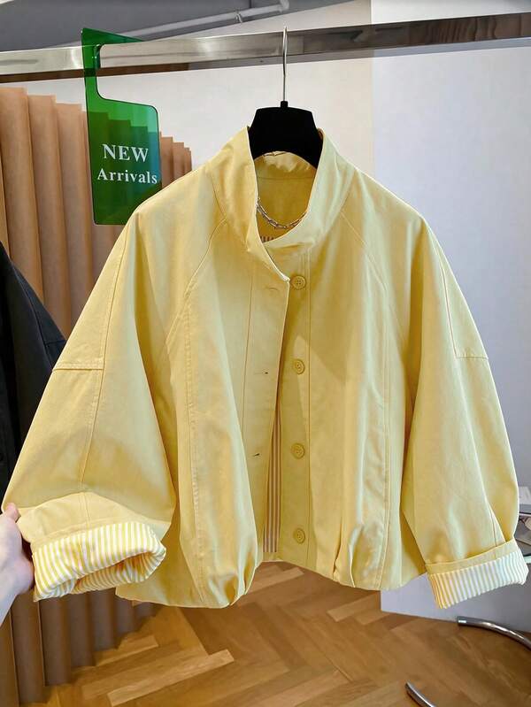 Autumn/Winter New Cream Yellow Lapel Single-Breasted Contrast Stitching Cuffs Striped Fold-Up Short Jacket, Casual Elegant Commuter Style, Suitable For Travel, Daily Wear, Dates, Office