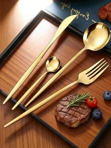 Juego de 24 piezas de cubertería dorada, cuchillo para bistec, tenedor, cuchara de té, vajilla de acero inoxidable para hotel, adecuado para cocina occidental, restaurante, postre, Navidad, boda, regalo de inauguración de casa, vajilla de mesa de cocina para el hogar - Dorado - Ver 8