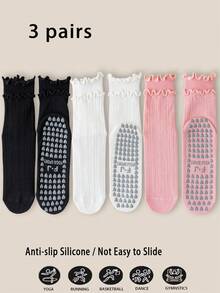 1/3/5/6 Pairs Women's Non-Slip Pilates Socks, Elegant Double-Layer Ruffle Design, Unique Custom Silicone Grip Sole, Suitable For Pilates, Yoga, Gym, Aerobics, Dance, Gift-Giving, All-Season - Multicolor - View 9