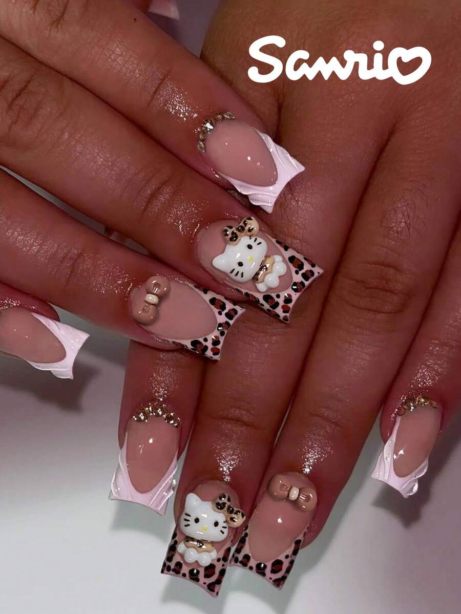 Sanrio Hello Kitty 24片短方型 3款凝膠美甲設計法式穿戴甲－可愛3D Hello Kitty裝飾搭配豹紋蝴蝶結，完美貼合壓克力假指甲套組，含1片果凍膠與1個指甲锉，適合女性與女孩日常配戴、電音派對使用 - 彩色 - 查看 1