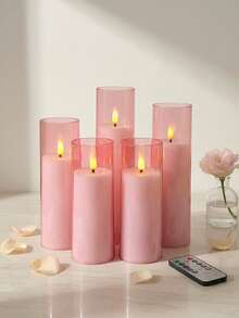 5pcs Flameless Candle Lights Set With Timer Remote Control, Battery Operated Pink Cup Candles, Suitable For Christmas, Halloween, Valentine's Day, Gifts, Birthday, Proposal, Wedding, Dining Table, Party, Holiday - Pink - Warm Light - View 1