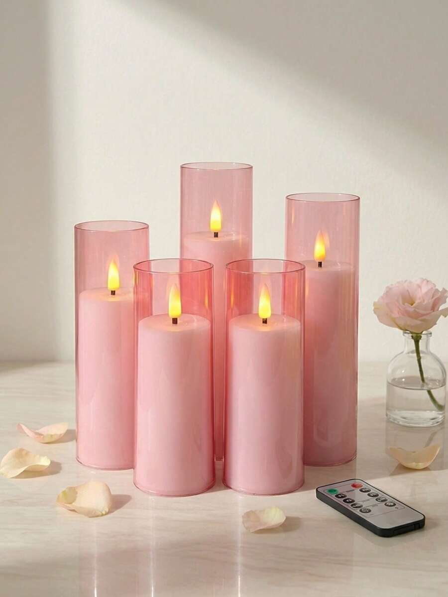 5pcs Flameless Candle Lights Set With Timer Remote Control, Battery Operated Pink Cup Candles, Suitable For Christmas, Halloween, Valentine's Day, Gifts, Birthday, Proposal, Wedding, Dining Table, Party, Holiday - Pink - Warm Light - View 1