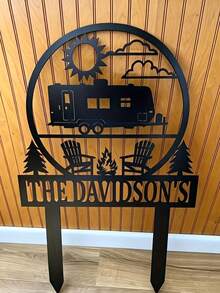 Customizable Family Name RV Camping Metal Yard Sign, Outdoor Camping Theme Garden Lawn Decor, Weather-Resistant Metal Silhouette Art, Suitable For Backyard Campsite Farmhouse Patio, Personalized Text Camper Decor Gift - Multicolor - View 9