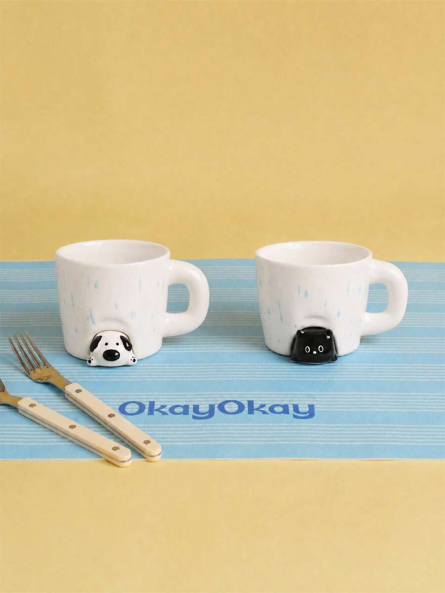 1pc 470ml 'Puppies And Kittens' Ceramic Mug, 'Little Black Cat On A Rainy Day' Coffee Mug – Cute Designs, Ideal For Home Decor And Tableware, Perfect For Coffee And Lattes In The Dining Room, Makes A Lovely Gift, And Great For Festive Decorations