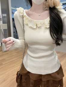 Autumn/Winter Korean Style Soft Sweet Ruffle Trim Knitted Long Sleeve Inner Layer Sweater For Women Fall - Apricot - View 1