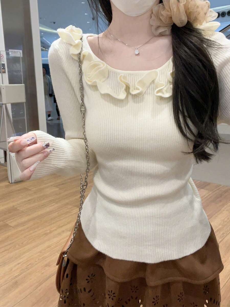 Autumn/Winter Korean Style Soft Sweet Ruffle Trim Knitted Long Sleeve Inner Layer Sweater For Women Fall - Apricot - View 1