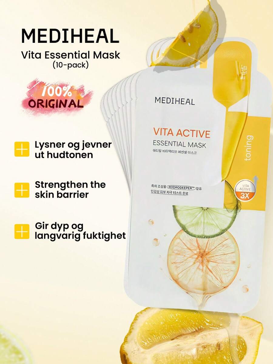 Mediheal Vita Essential 面膜 10 片裝，提亮膚色、改善暗沉、保濕、活化肌膚，含 9 種維生素複合成分，適用於暗沉肌膚及所有膚質