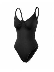 Suprenx Black Tummy Control Shapewear Bodysuit, Seamless V-Neck Adjustable Strap Slimming Shaper, Bodycon Sleepwear Lingerie - Black - View 7