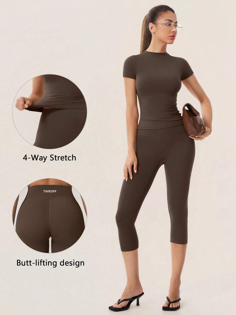 TimeOff Women's One Set Solid Color Round Neck Short Sleeve Slim Fit Butt-Lifting Mid-Length Pants Sports Set - Coffee Brown - View 1