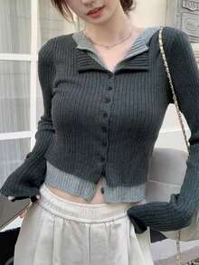 Atasan Rajut Berkerah Lengan Panjang 2 In 1 Gaya Korea dengan Blok Warna untuk Wanita, Potongan Ramping, Panjang Pendek, Elegan, Kasual, dan Liburan. - Grey - View 4