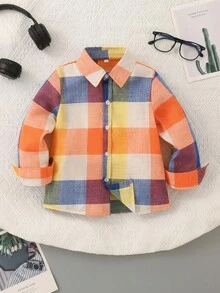 男童格紋單排扣長袖休閒襯衫 - 彩色 - 查看 1