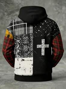 Sweatshirt Hoodie Pria Motif Kotak-kotak Patchwork Silang, Hoodie Bertali dengan Cetakan Usang Gaya Rock Vintage - MultiWarna - View 3