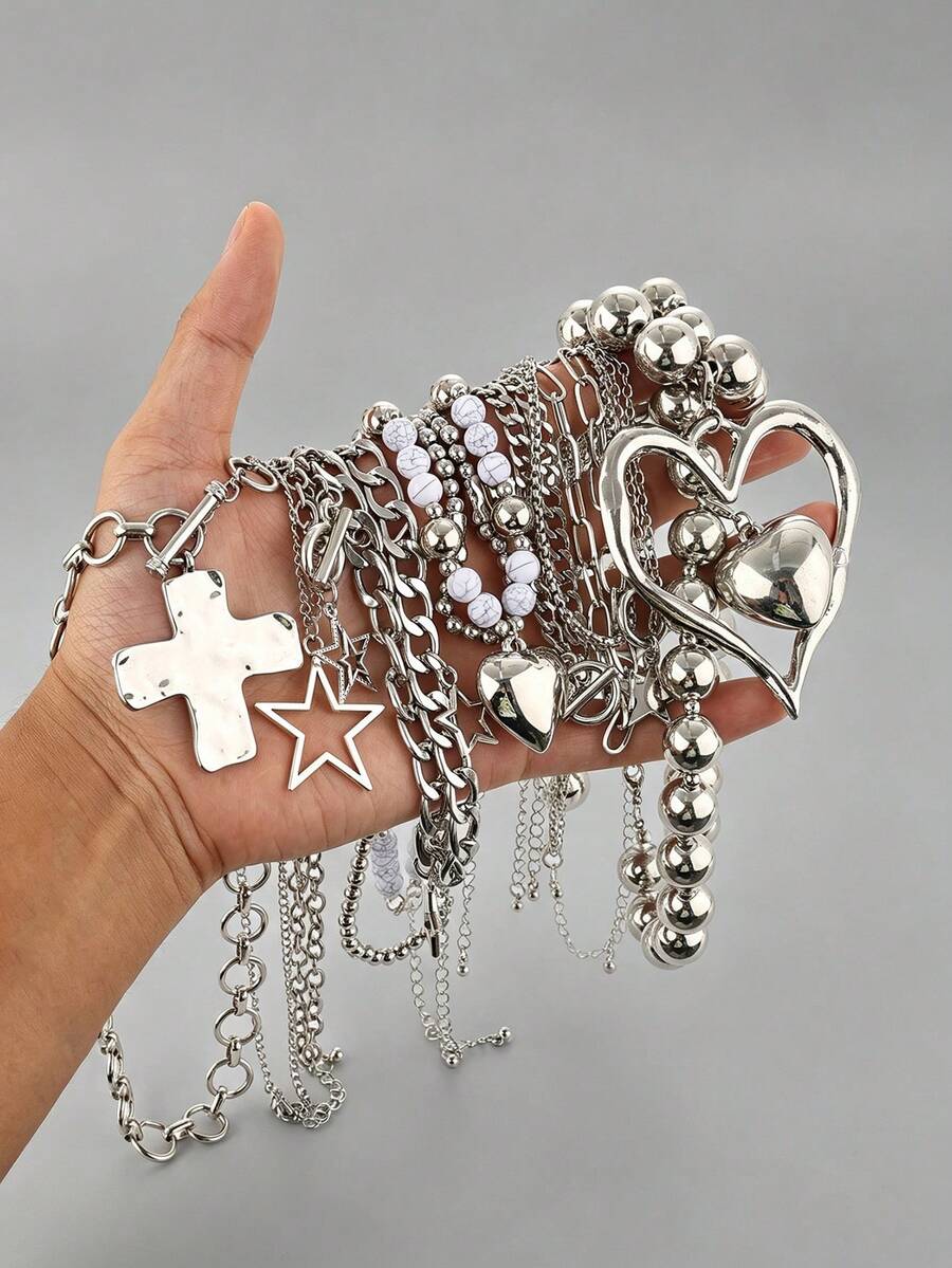 Xiacheng Y2K Silver Layered Necklace Set For Women,Gothic Punk Fashion Costume Adjustable Jewelry Large Hollow Heart Star Cross Beaded Necklace - Multicolor - View 1