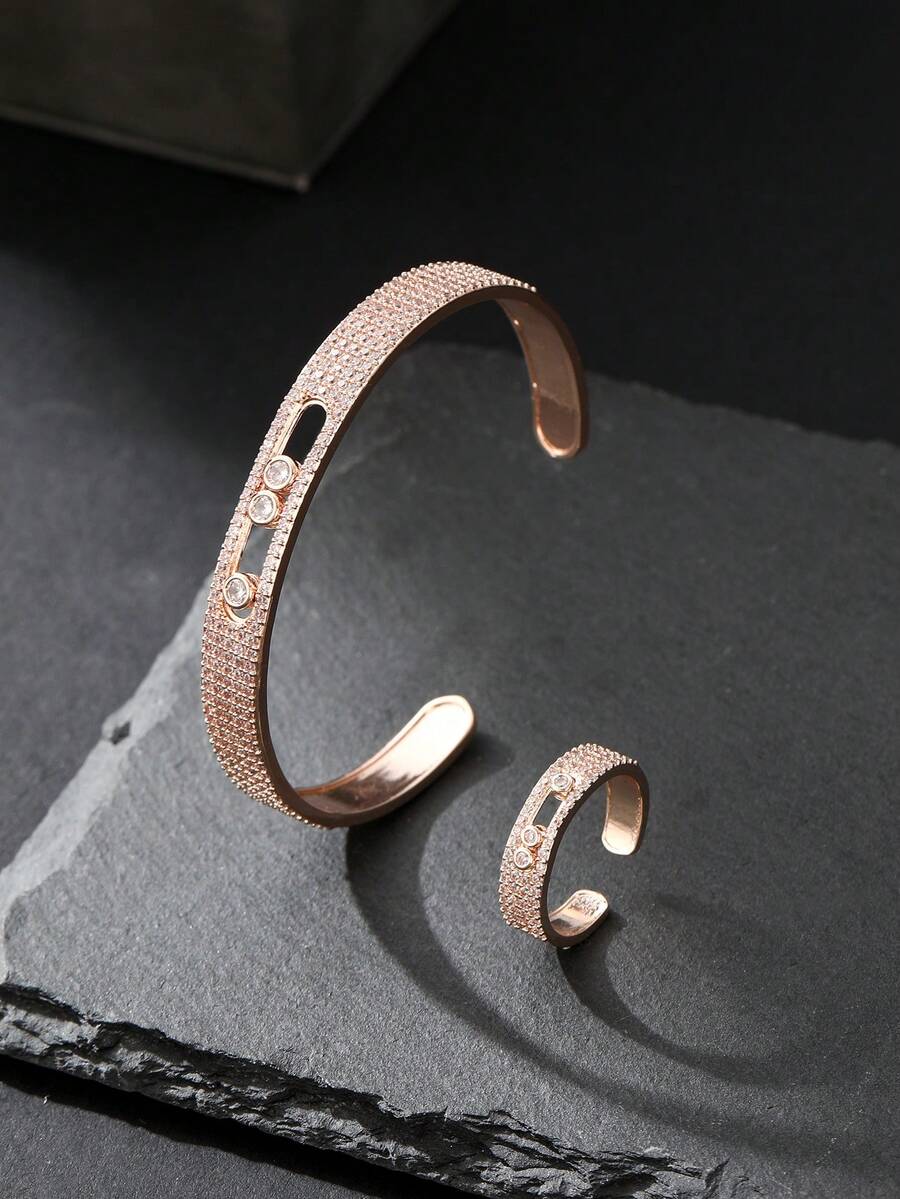1pc European And American Fashion Zirconia Cartoon Smile Open Bangle Bracelet For Women Daily Wear - Rose Gold - View 1