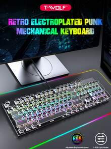 T-WOLF Keyboard Mekanik Blue Switch Gaming RGB Backlit Punk Round Keycaps Metal Panel 104 Tombol - View 2