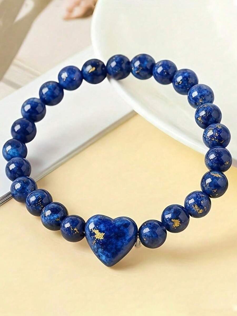 1pc Natural Lapis Lazuli Heart-Shaped Beaded Bracelet, Suitable For Romantic Occasions, Daily Wear And As A Valentine's Day Or Birthday Gift - 1 - View 1
