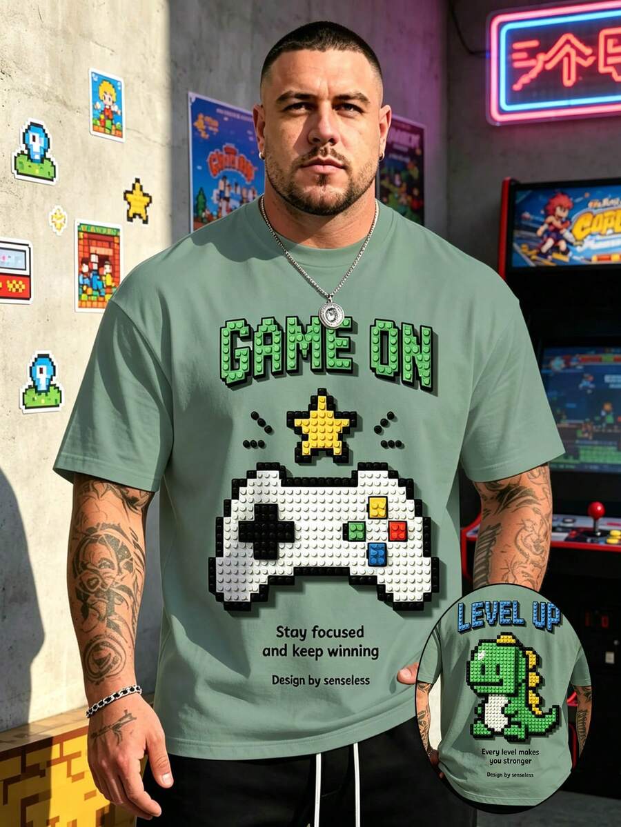 Plus Size Men's Retro Color Short Sleeve T-Shirt, Casual Sports Top, GAME ON Block Pixel Game Controller & Little Dinosaur Double-Sided Print Loose Fit Tee - Green - View 1