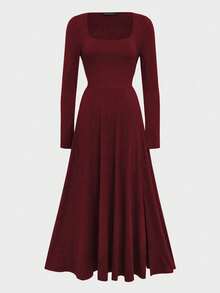 French Elegant Waist-Cinching High-Waisted Fitted Elegant Spaghetti Strap Square Neck Solid Color A-Line Midi Dress For Women - Burgundy - View 7