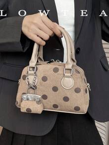 low tea 1pc Polka Dot Bowling Bag PU Fabric Handbag With Adjustable Shoulder Strap, Suitable For Commuting, Shopping And More - Light Khaki - View 11