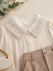 1pc Women's White Sheer Mesh Detachable Collar, Pearl Beaded Geometric Embroidery, Wavy Edge, Suitable For Dresses And Shirts - White - View 3