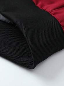 Matte Black American Racing Style Stand Collar Baseball Jacket, Burgundy Contrast Color Racing Letter Print Stand Collar Baseball Jacket, Niche American Hip-Hop High Street Jacket, Racing Element All-Over Print Baseball Windbreaker, Slim Fit Slightly Loose For Men - black red - View 4