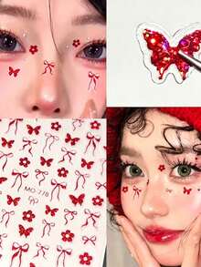 Red Glitter Butterfly Ribbon Flower Face Sticker Set With Tweezers, Christmas New Year Party Makeup Stickers,Halloween Costume - Red - View 1