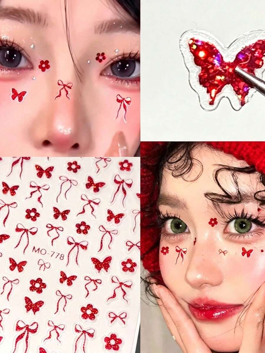 Red Glitter Butterfly Ribbon Flower Face Sticker Set With Tweezers, Christmas New Year Party Makeup Stickers,Halloween Costume - Red - View 1