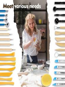 61Pcs Pottery Clay Sculpting Tools Set With Storage Bag Stainless Steel Wood Handle For Carving Modeling - Multicolor - View 5