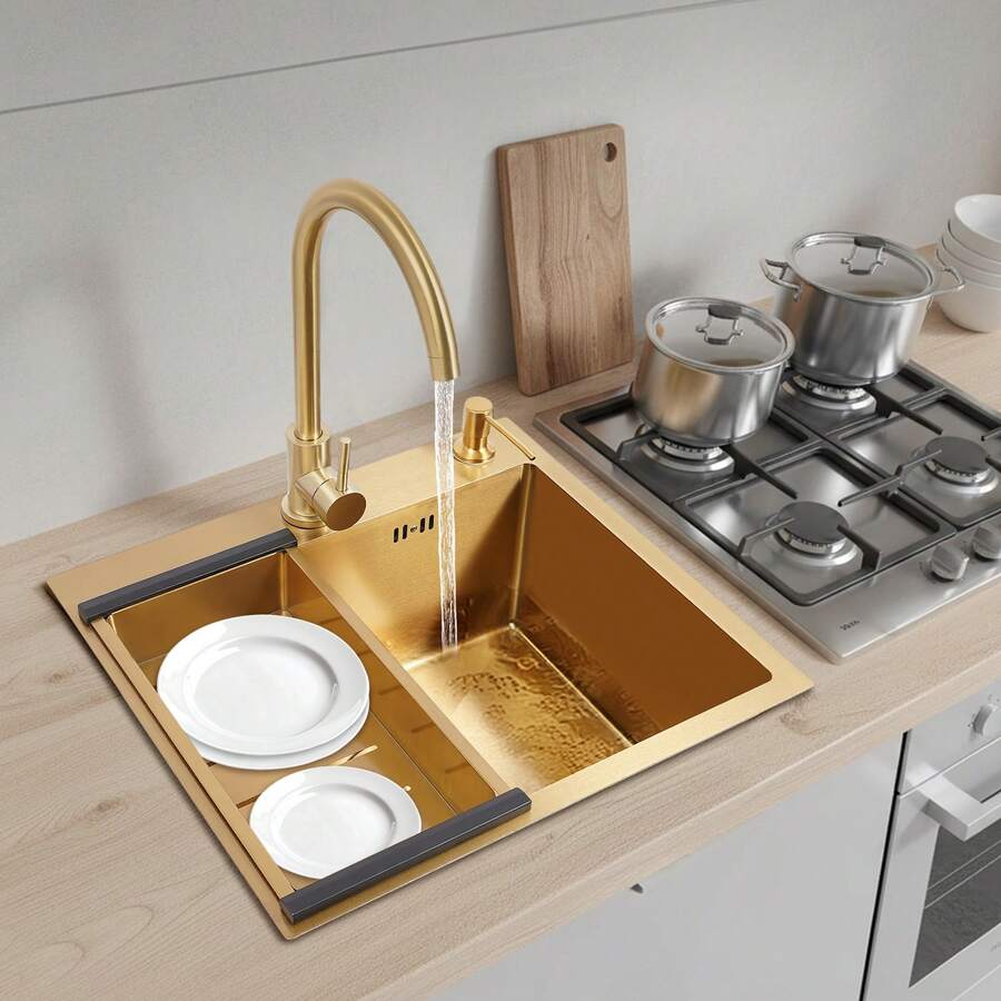DONSU Küchenspülen-Set aus goldfarbenem PVD-Edelstahl mit Wasserhahn, Seifenspender und Abflusskorb, rechteckige Arbeitsplatte 50 x 45 cm - Einheitsgröße - Übersicht 1