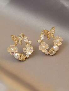 1 Pasang Anting Tusuk Minimalis Elegan Berkilau Berlian Imitasi Mutiara Bunga Kecil Gaya Baru Peri Kupu-kupu Indah Gaya Keren untuk Anak Perempuan Perhiasan Fashion - MultiWarna - View 2